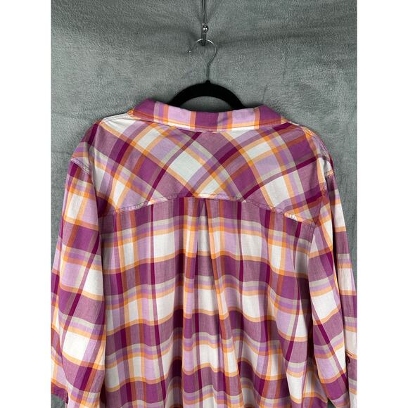 Catherines Top Womens 3X Purple Plaid Button Down Roll Sleeve Tunic Cottagecore - Picture 5 of 13